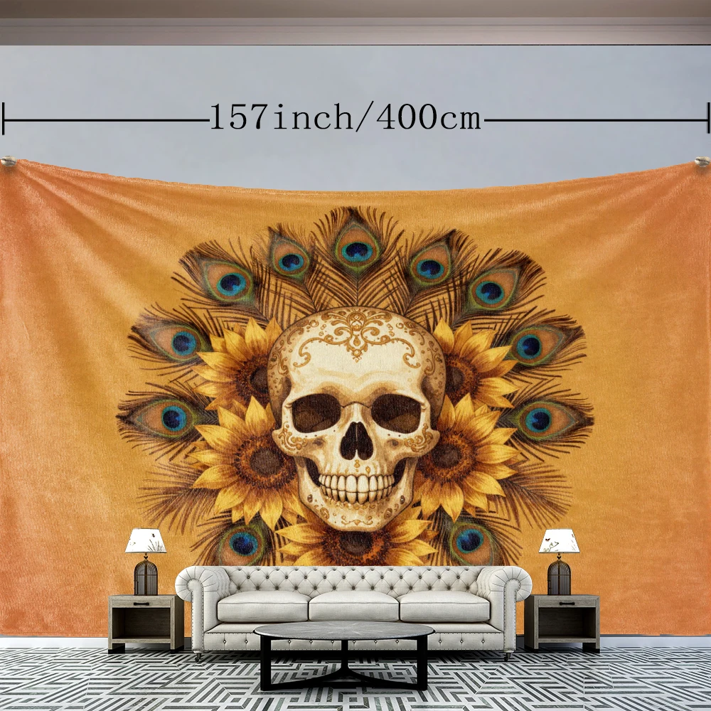 Orange Skull Sunflower Peacock Feather Wall Tapestry, Symmetrical Gothic Decor