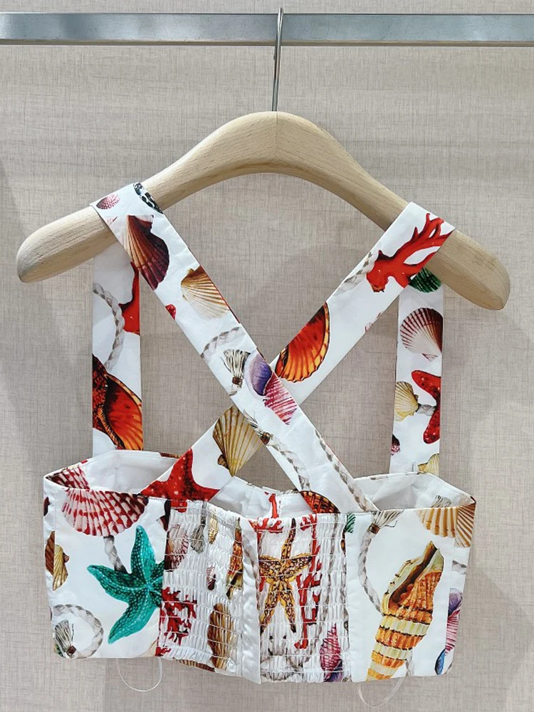 AELESEEN 100% Cotton Women Summer Sexy Camis Corset Designer Fashion Starfish Shells Printed Short Poplin Bustier Crop Top