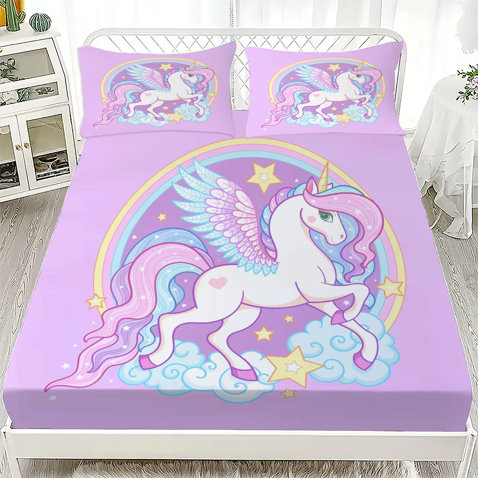 Pegasus 3D Unicorn Pattern Lovely Printed Fitted Sheet Including 1/2 Pillowcases Customized For Boys and Girls Kids Decor