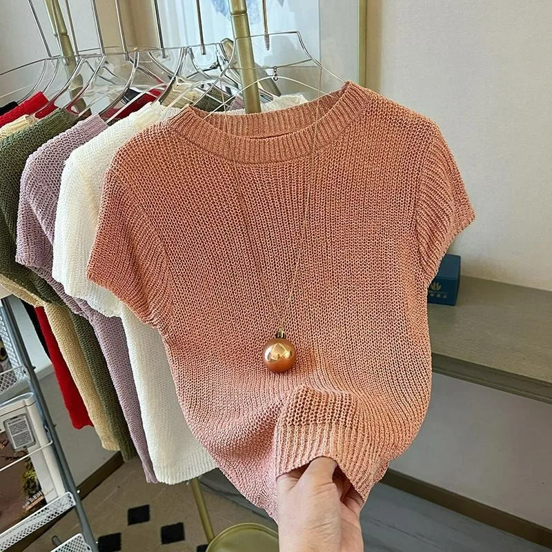 Summer Thin Ice Silk Knitted Short-sleeved T-shirt Women's 2025 New Short Sleeve Soild Color Chic All Match Breathable Top
