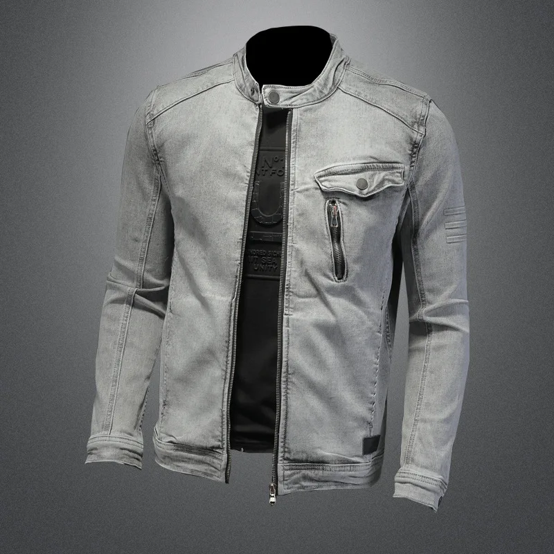 

Denim Jacket Stretch Men's Zipper Stand-up Collar Denim Jacket Men's Wash Fried Sand Gray Slim-fit Fashion Jacket