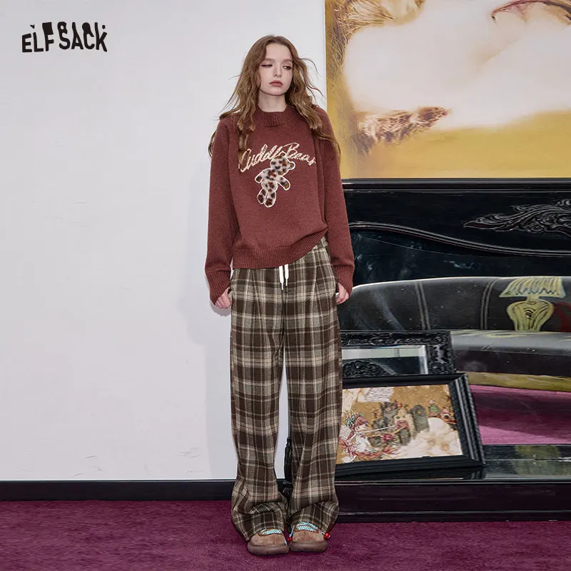 ELFSACK 2025 وصل حديثًا ملابس شتوية مريحة ناعمة بنية واسعة lge متقلب سراويل طويلة للمرأة