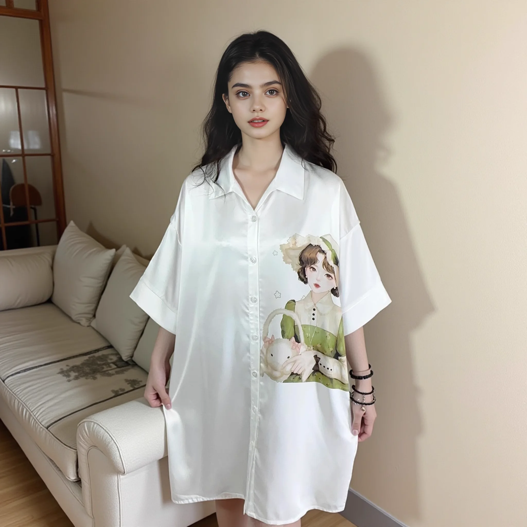 بيجامة نسائية رومانسية كبيرة الحجم من الساتان، ملابس نوم طويلة قابلة للتنفس وناعمة ومثيرة، مناسبة للربيع والصيف والخريف.