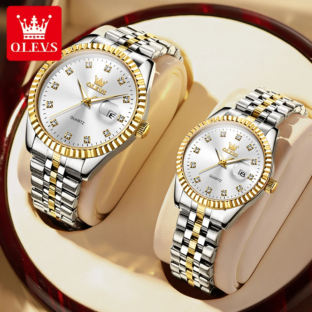 OLEVS 5526 Top Luxury Lover's Wristwatch Stainless Steel Waterpoof Calendar Clock Diamond Lap Quartz Couple Watch for Men Women