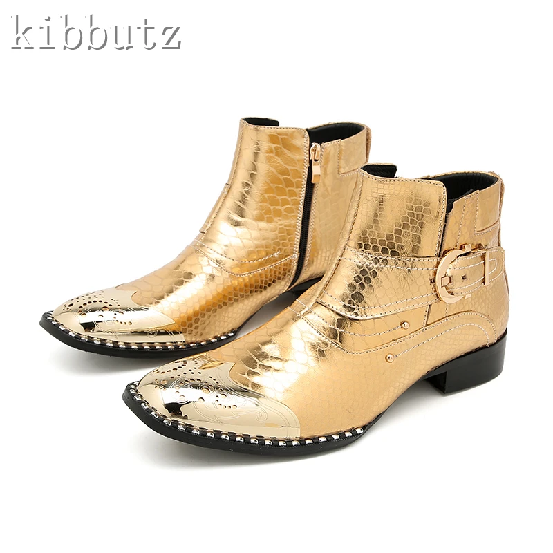 Men Ankle Boots Gold Genuine Leather Chelsea Shoes Snake Skin Rivet Metal Buckle Banquet and Wedding Formal Dress Boots