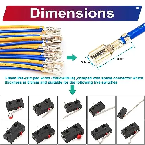 Limit Switch with 1NO 1NC Push Button Switch 5A 125V 250V 2Pin/3Pin, with 18AWG  Wire 3.8mm Spade  (Limit Switch)