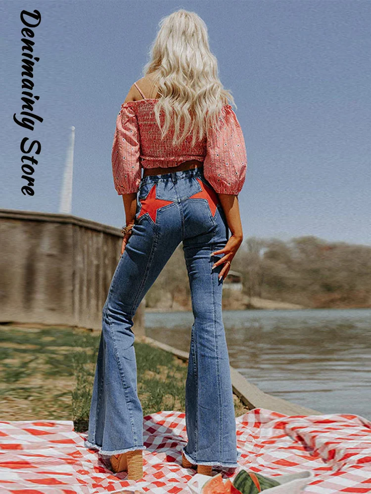 Fashion Star Patchwork Woman Wash Jeans Slim Low Waist Rough Selvedge Denim Flares Summer New High Street Y2k Female Trousers