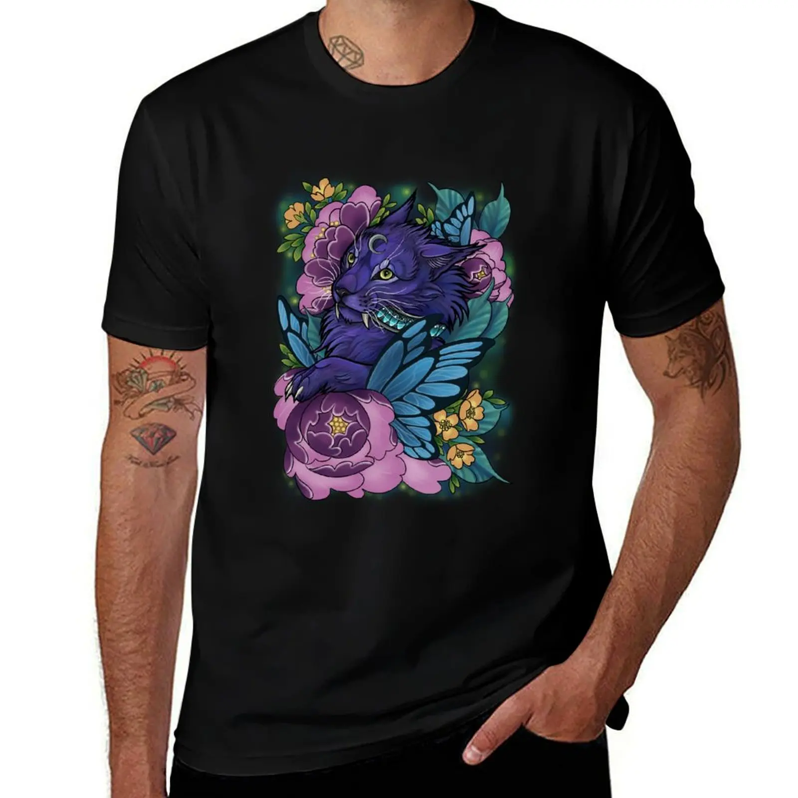 Night elf druid magical cat with flowers and butterflies T-Shirt Novelty Print Casual Tee Shirt T-Shirt