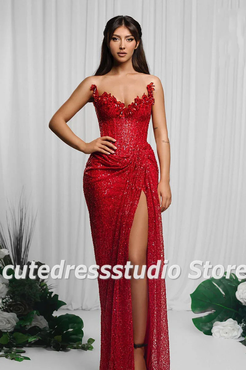 Sexy High Split Evening Dresses Sweetheart Crystal Mermaid Prom Gowns Sequin Beading Wedding Party Dress