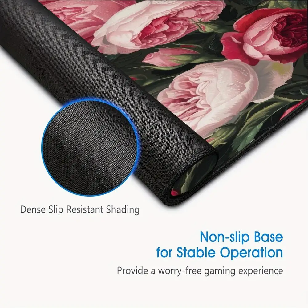 Tappetino per mouse con piante di fiori rosa Tappetino per mouse grande per computer da gioco Tappetino per mouse retrò XXL Tastiera con fiori di campo Tappeto antiscivolo lavabile HD morbido