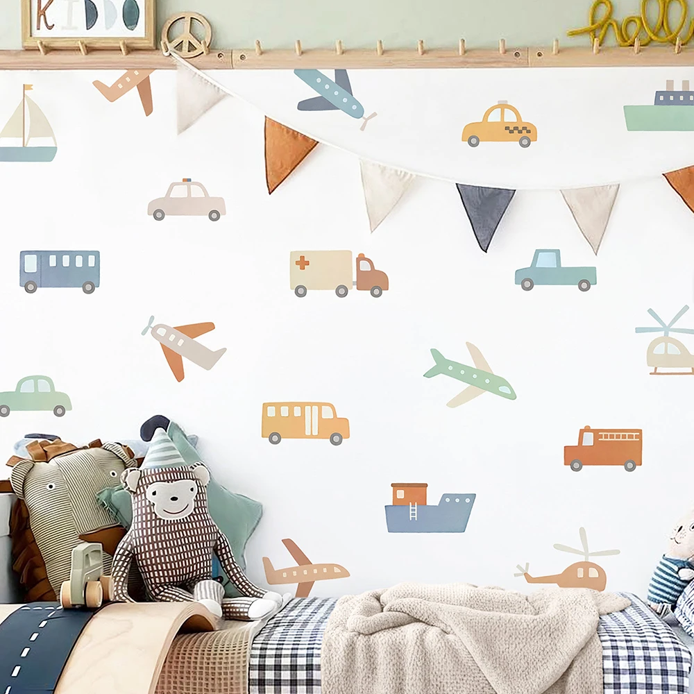 Cartoon Car Airplane Ship Wall Sticker Baby Nursery Playroom Watercolortraffic Transportation Auto Wall Decal Children Bedroom