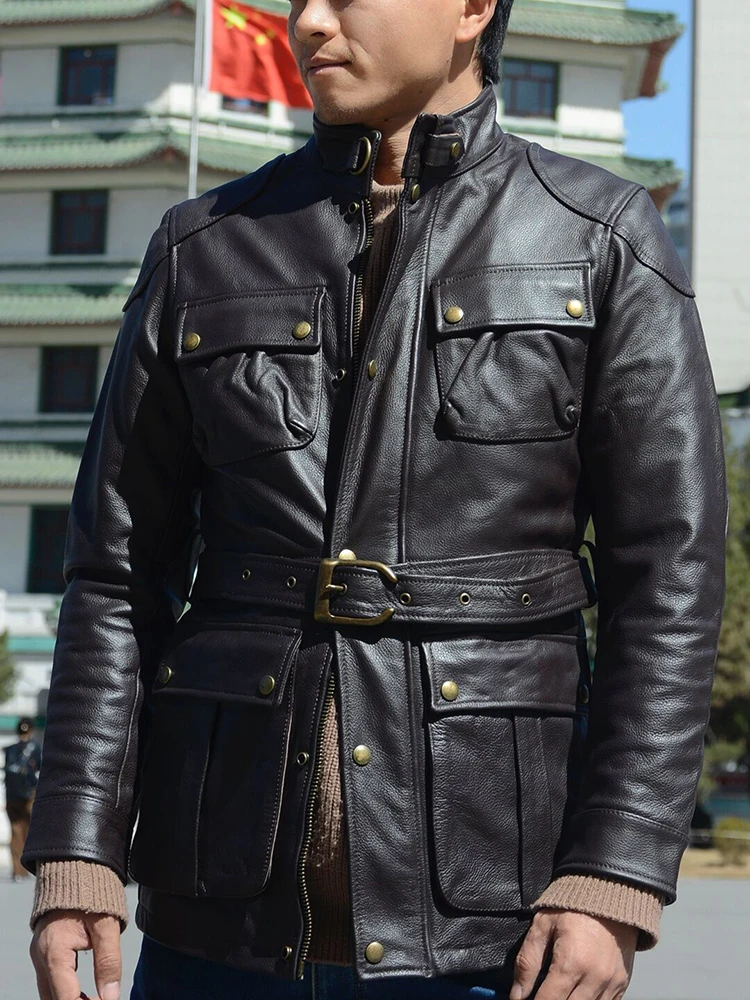 Men's Mid-Length Leather Jacket with Belt Fashion Urban Style Windproof Cowhide Coat Director's Favorite RL Hunt Suit M65