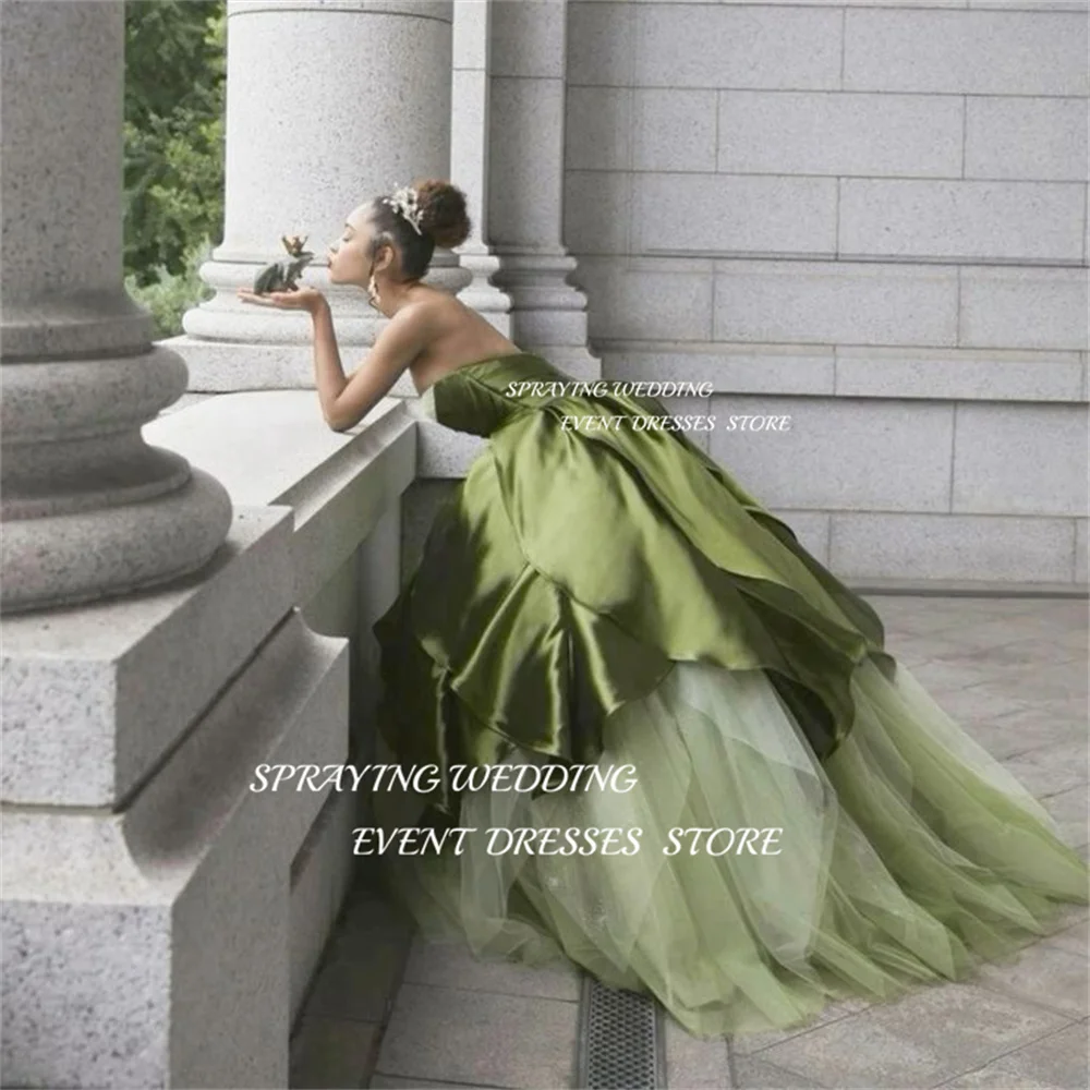 SPRAYING Simple A-Line Tiered Wedding Dress Sweetheart Floor-Length Party Dress Green Satin Tulle Formal Party Dress Customized