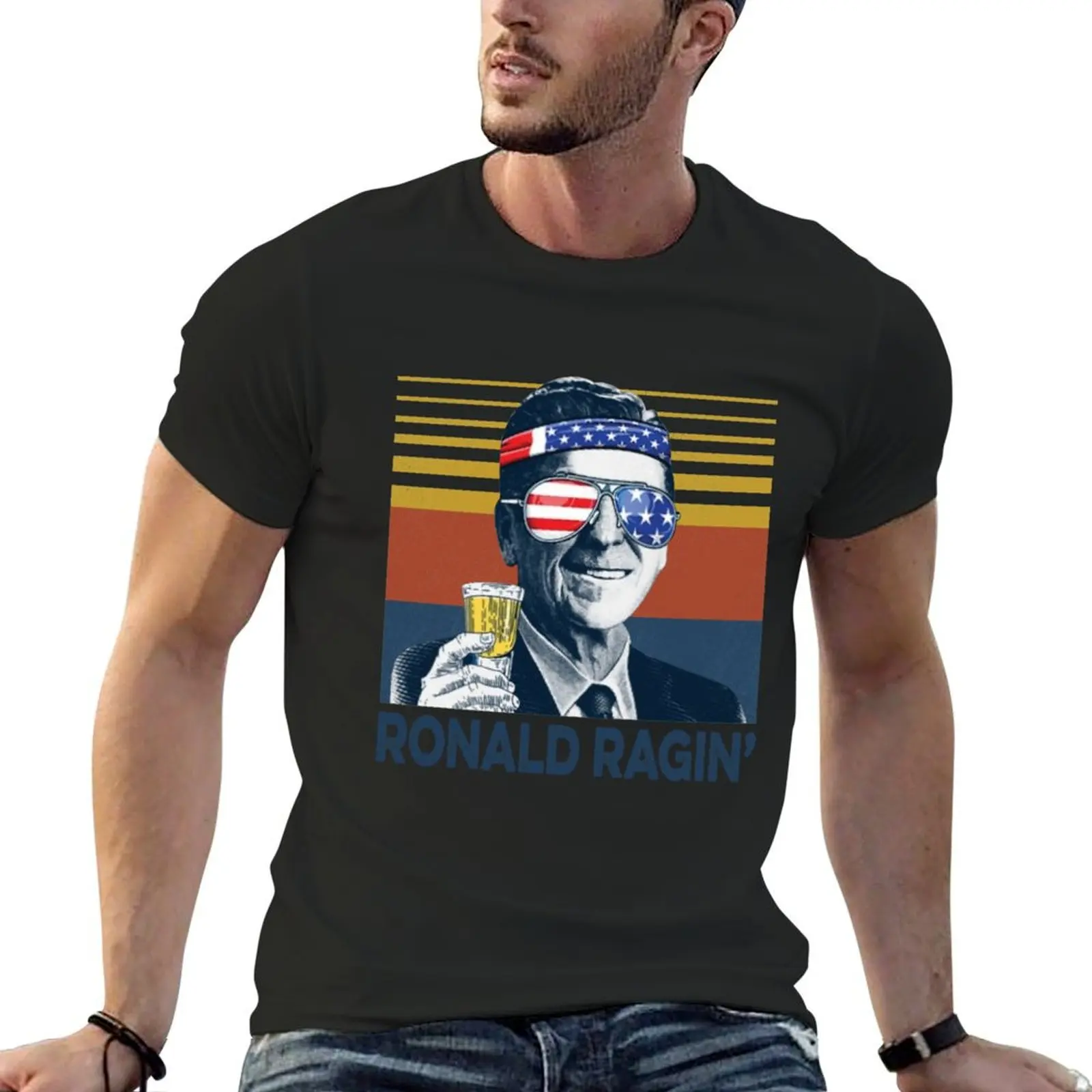 Ronald Ragin' Ronald Reagan Drink Beer Vintage 4th of July T-Shirt anime clothes summer top mens t shirt graphic