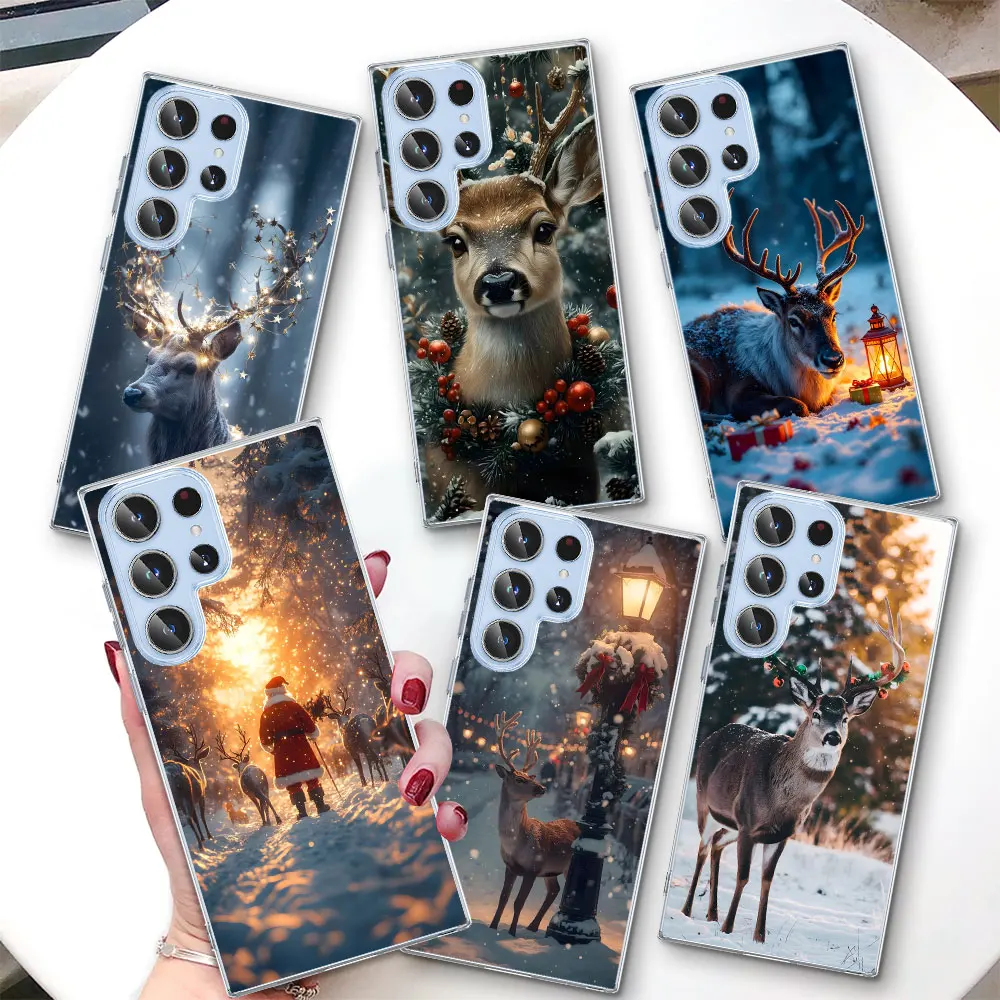 Transparent Case For Samsung Galaxy S26 S25 Edge S22 S23 S24 S20 Ultra S21 FE S10 Plus Clear Soft Phone Cover Christmas Elk