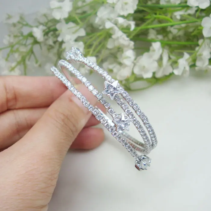 Tom de prata multi-camada estiramento zircão cristal flor noiva pulseira presente festa jóias