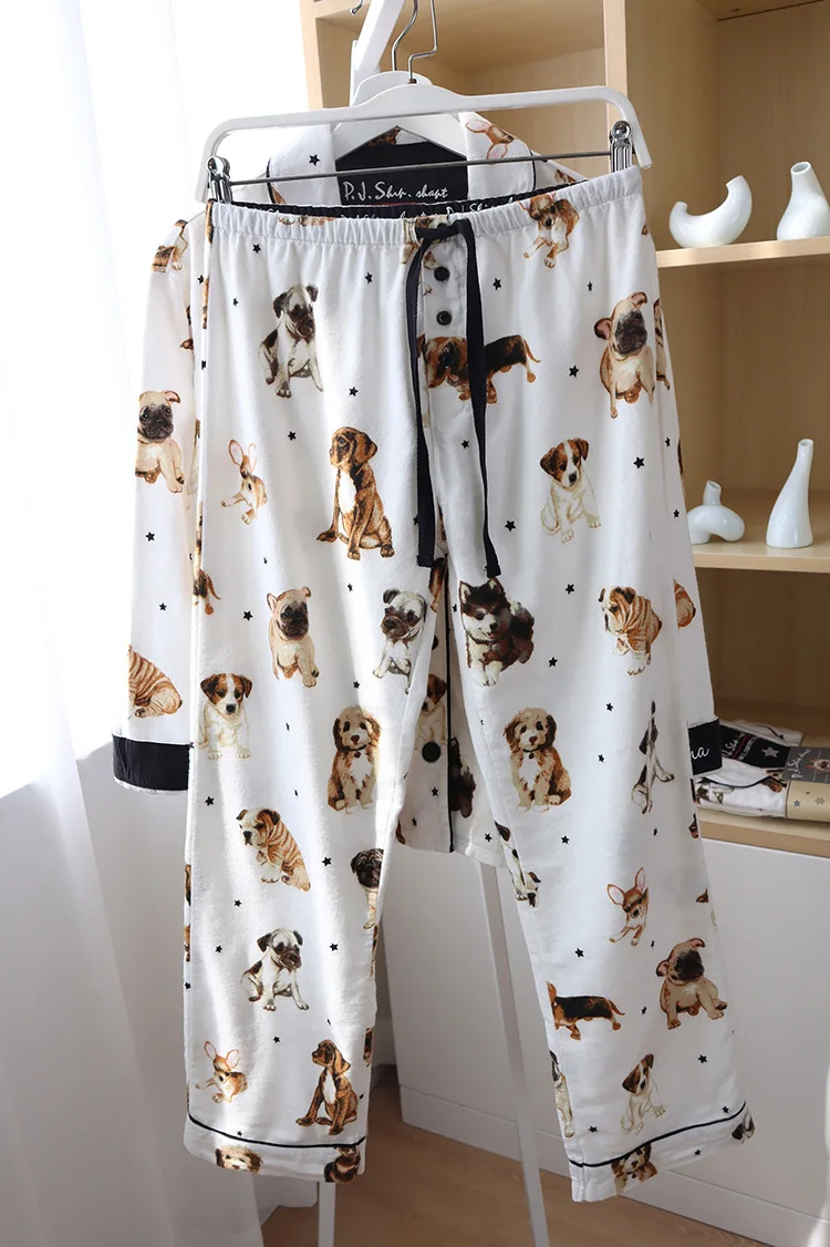 Women Pajamas Set Soft Cotton Cartoon Dog Printed Pyjamas Long-Sleeved Trousers Suit Simple Style Lovely Home Wear PJS Female