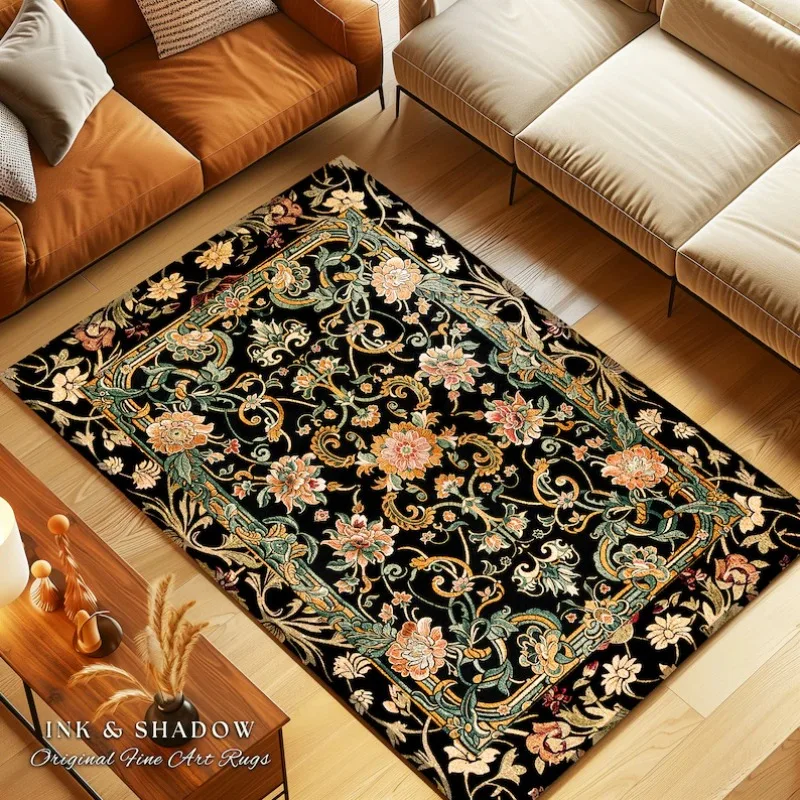 Dark Floral Victorian Rug Wildflower Aesthetic Living Room Gothic Home Decor Rustic Gift Dark Academia Bedroom Folklore Decor