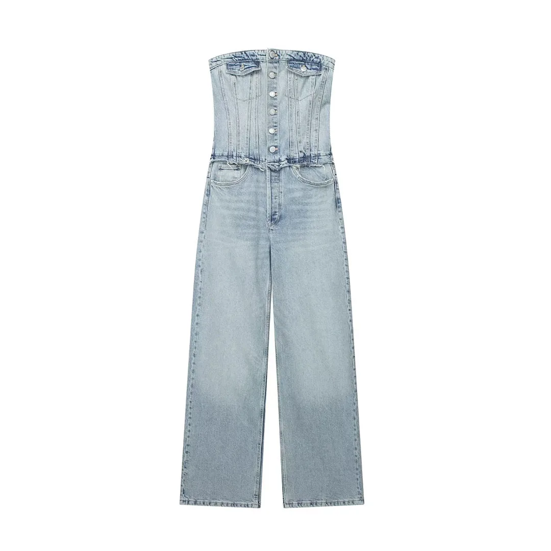 Strapless Denim Jumpsuit Spring Summer New Fashion Versatile High Waisted  Single Breasted Wide Leg Trousers Women Streetwear