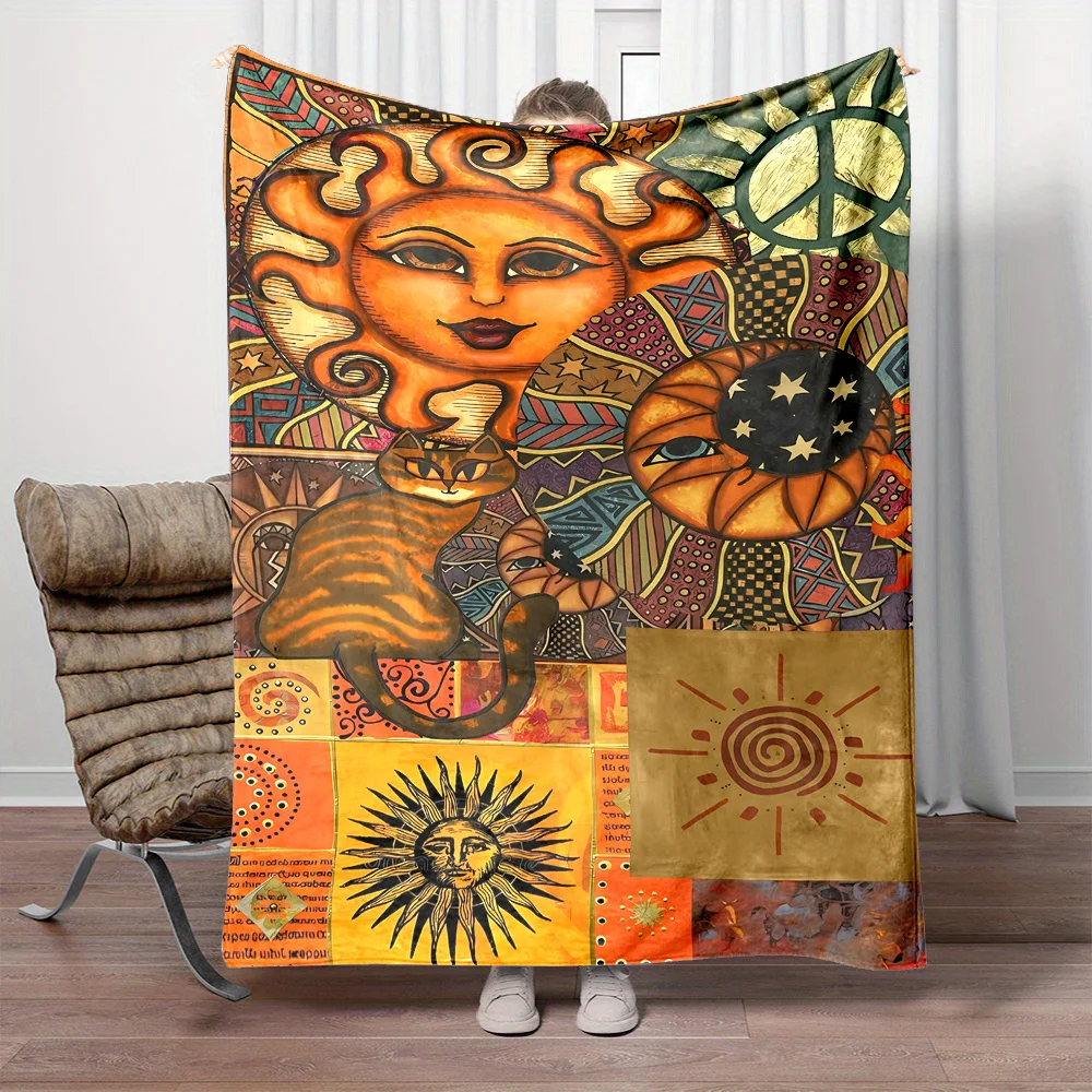 

1pc Contemporary Reversible Cartoon Sun and Moon Pattern Flannel Throw Blanket - All Seasons Cozy Non-Woven Polyester Digital