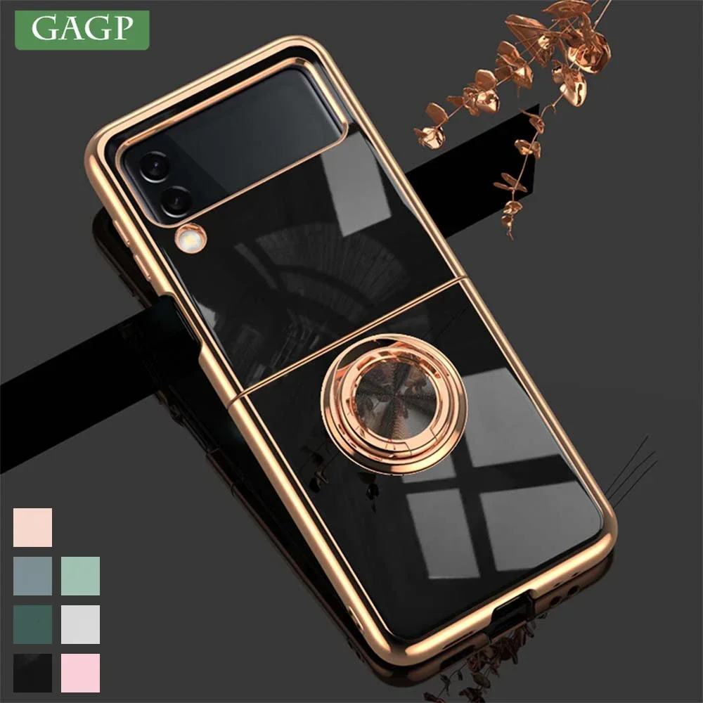 Phone Case For Z Flip 6 5 Luxuy Plating Magnetic Metal Ring Bracket Phone Case For Z Flip 4 3 Silicone Back Cover Funda