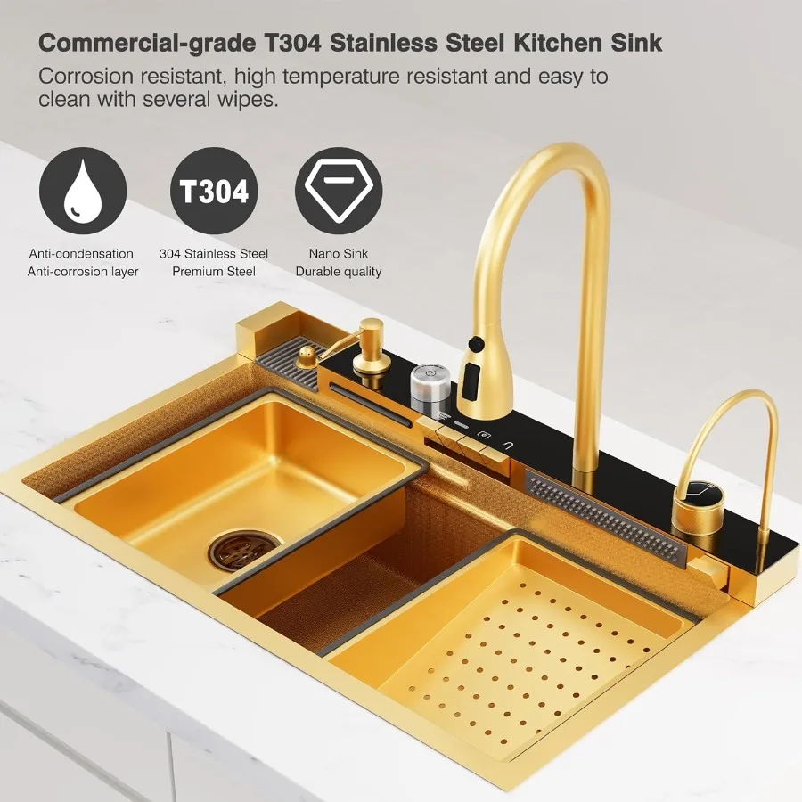 29.5 x 18 Inch Gold 304 Stainless Steel Smart Waterfall Kitchen Sink Set with Pull-down Faucet Drain Basket Inside-Basin Organi