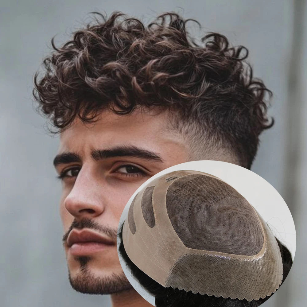 

Прочный мужской парик-накладка из 100% натуральных человеческих волос NPU Bond, 24 мм, кудрявый, с естественной линией роста волос и мелким моно-полиуретановым основанием, серо-коричневый, протез для волос