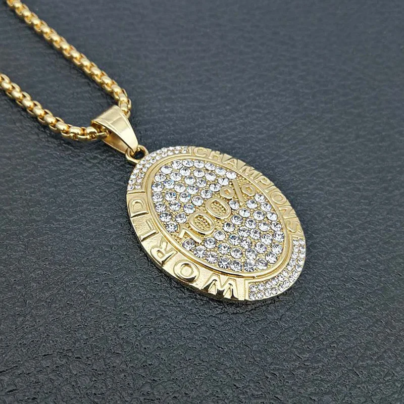 Hip Hop Rhinestones Paved Bling Iced Out Stainless Steel 100% World Champion Pendants Necklace for Men Rapper Jewelry