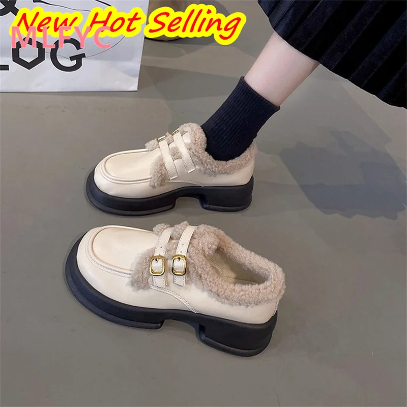 Retro Small Leather Shoes for Women's Autumn and Winter 2023 New Thick Sole British Style Plush and Warm Lefu Shoes