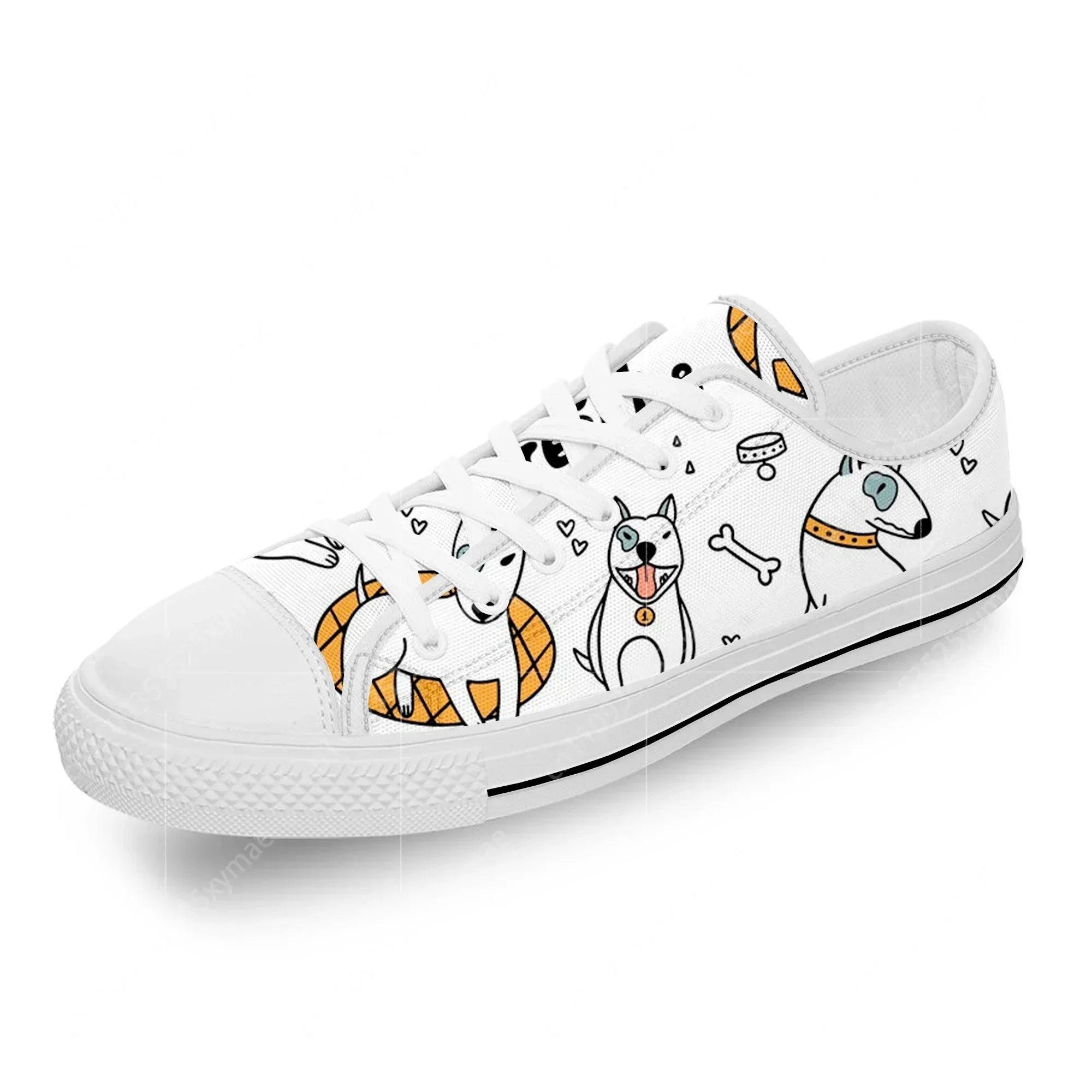 Animal Bull Terrier Cartoon Dog White Cloth Fashion 3D Print Low Top Canvas Shoes Men Women Lightweight Breathable Sneakers view 2