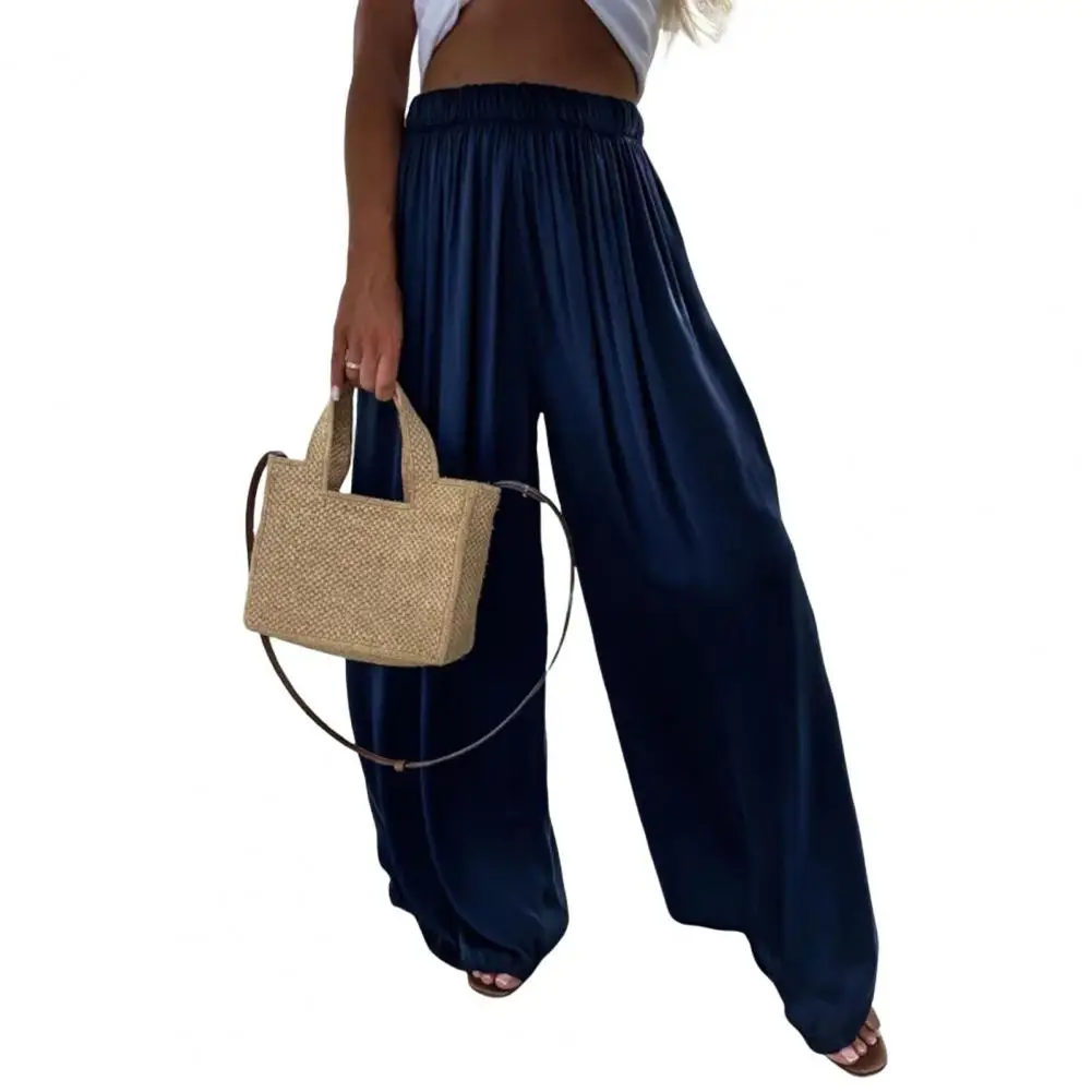 

Elastic Waist Wide Leg Pants Sporty Loose Fit Women's Wide Leg Pants Mid-rise Elastic Waist Solid Color Trousers for Summer