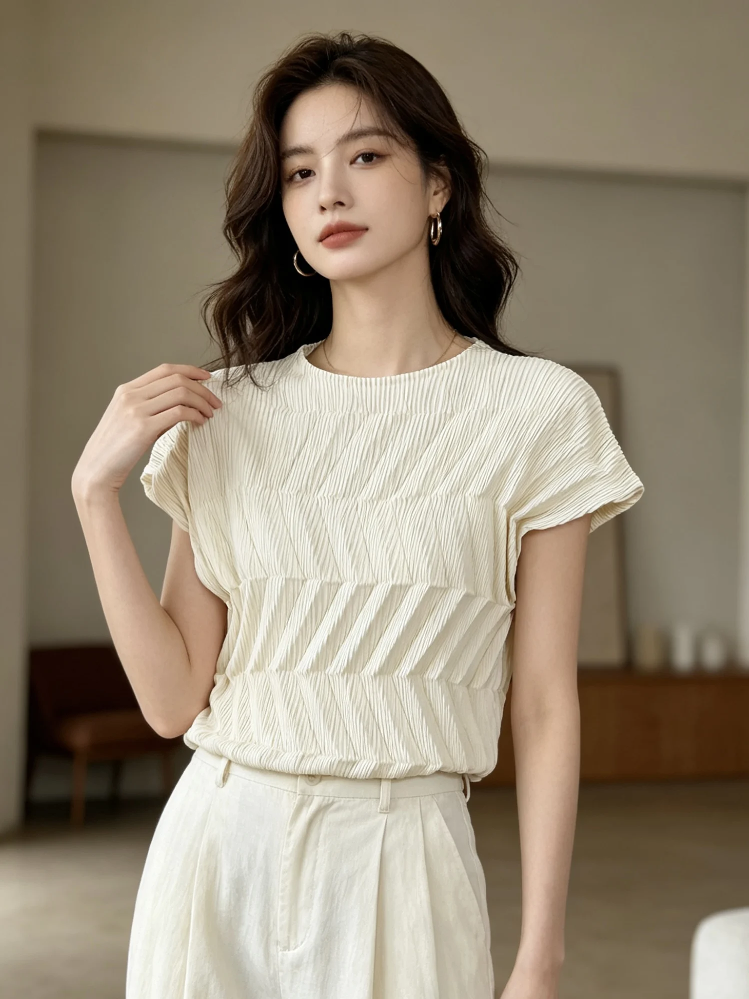 YUDX Miyake Pleated Women Sleeveless Textured Blouse Loose Fit Solid Color Casual Summer Daily Wear Breathable Top New Arrival