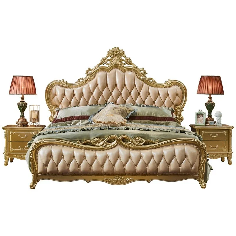 

Европейская кожаная кровать из массива дерева с резными цветочными элементами, двуспальная, 1,8 метра, роскошная, для главной спальни, свадебная, в стиле высококлассного золотого комплекта