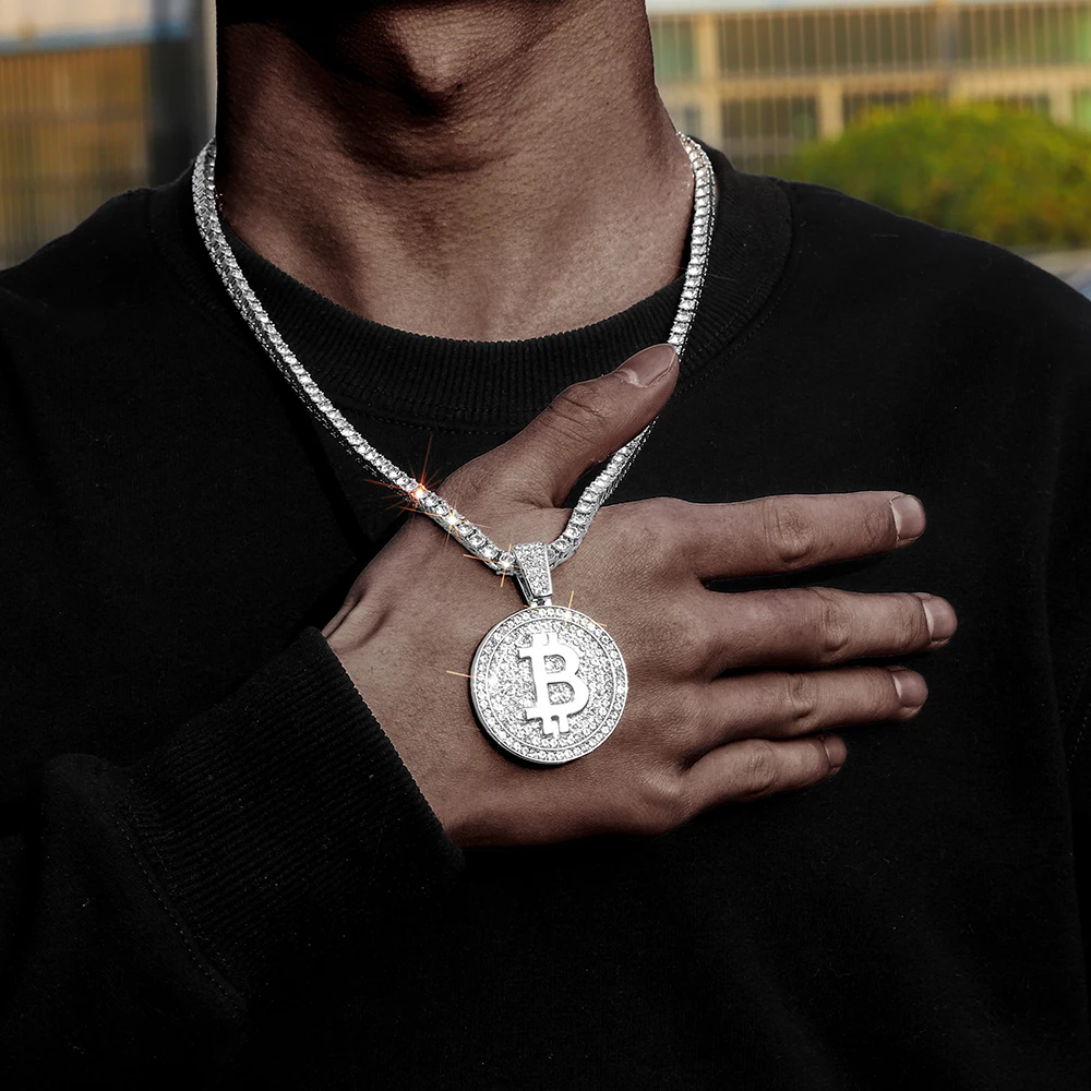 Bitcoin Iced Out Pendant Full Rhinestone Match Bling 4mm Tennis Chain Necklace Choker Hip Hop Trendy Jewelry for Men and Women