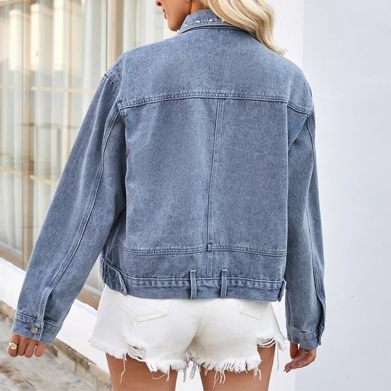 Benuynffy Women Short Punk Riveted Denim Jacket Spring Autumn Button Up Washed Loose Casual Jeans Jackets Streetwear Outerwear