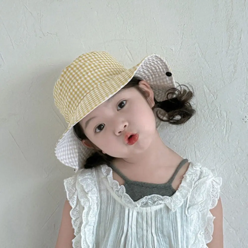 

Drawstring Boys Girls Bucket Cap Double Sided Lattice Children Fisherman Hat Anti-UV Casual Baby Sun Hat Mountaineering Cap
