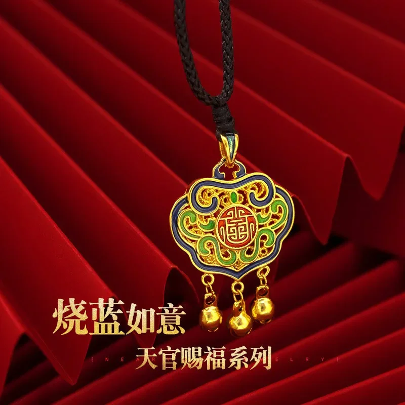 9999 Real Gold 24K Tianguan Blessing Series Gold Retro Ethnic Style Burning Blue Abacus Pendant Male and Female Abacus