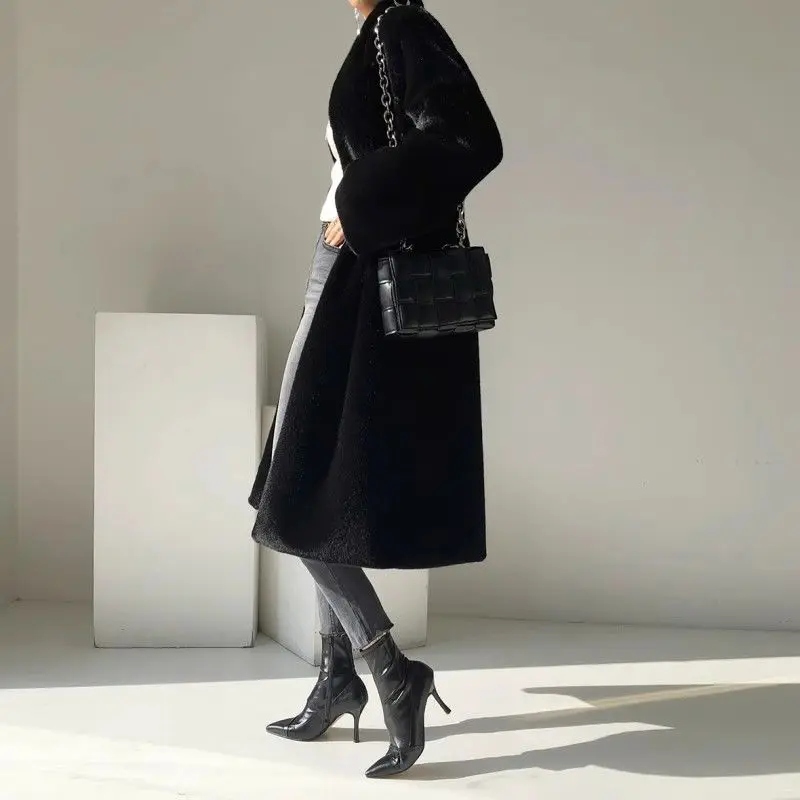 Black Fur Coat Women Luxury Brand Faux Fur Trench Coat Mid-length Jacket Soft Lace-up Collar Autumn Winter Outerwear Trendy New