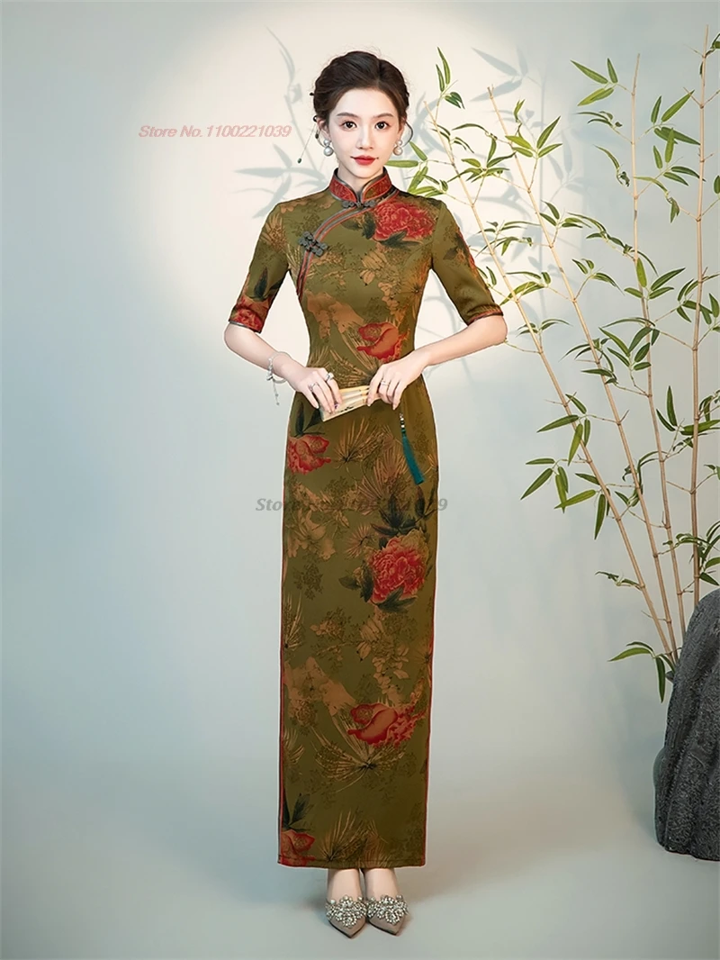 

2025 chinese improved cheongsam dress vintage qipao national flower print stage formal qipao oriental banquet evening dress