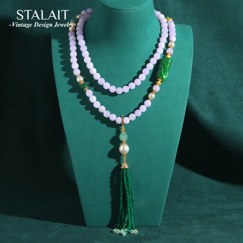 

Vintage Statement Necklace Jewelry Purple Natural Stone Large Bead Layered Green Pendant Tassel Woman Weddings Luxury Designer