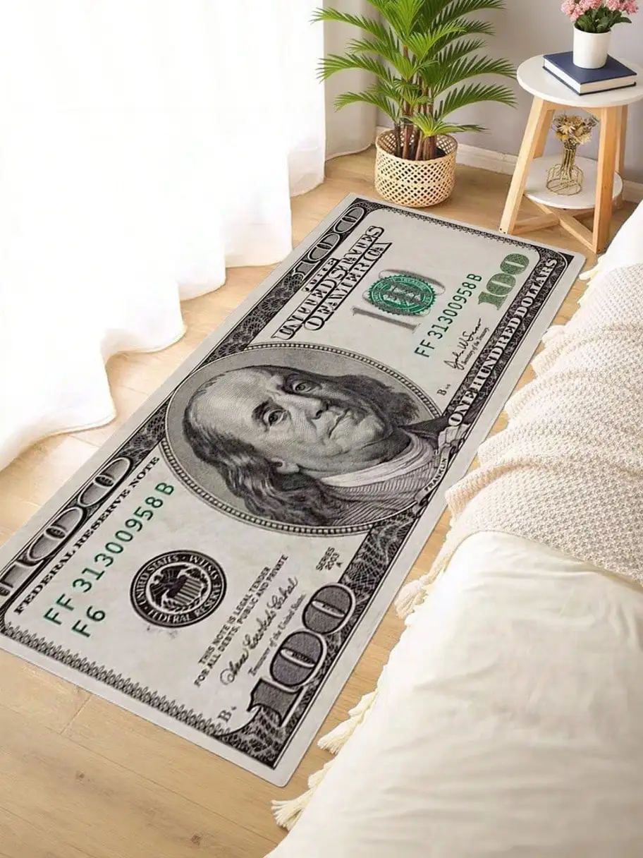 1pc Interesting Portrait & Dollar Bill Pattern Rug, Modern Creative Cartoon INS Style American Elements Rectangle Soft Area Carpet, Applicable For Outdoor, Entrance, Living Room, Bedroom, Laundry Room, Bathroom, Game Room, Washable All Season Bedside Mat