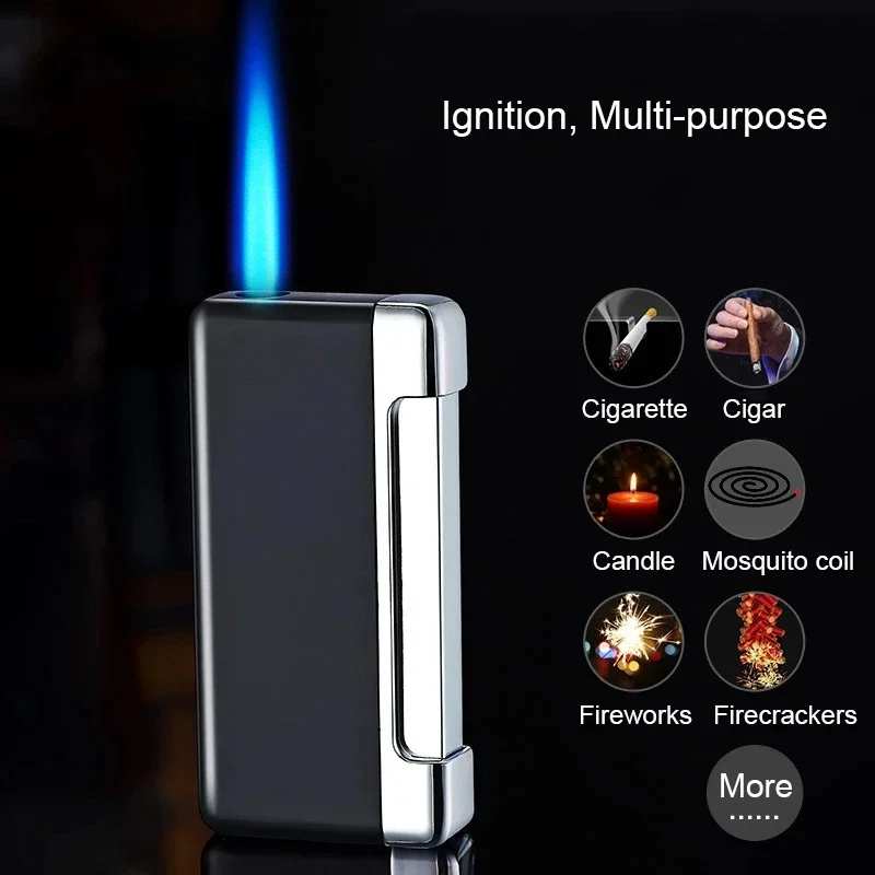 Outdoor Windproof Blue Flame Cigarette Lighter Creative Side Pressure Ignition Metal Butane Gas Cigar Lighter Men's Gadget