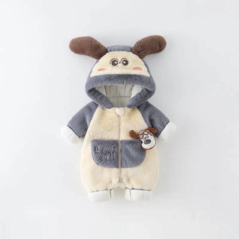 Winter Baby Romper Thick Cotton Fleece Jumpsuit Cute Dog Hooded Design Newborn Warm Outfit Celebration Daily Outdoor Wear