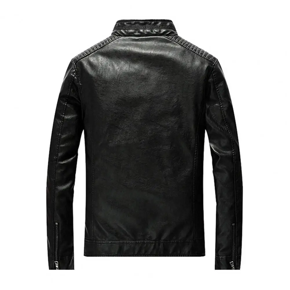 Men Faux Leather Jacket Stand Collar Pleated Shoulder Long Sleeve Zipper Placket Coat With Pockets Slim Fit Solid Color Outwear