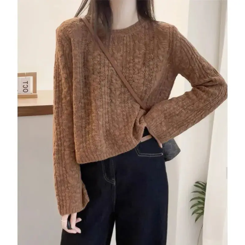 Korean Fashion Autumn Winter Sweaters Women's Solid O-Neck Screw Thread Lazy Wind All-match Long Sleeve Pullovers Knitted Tops