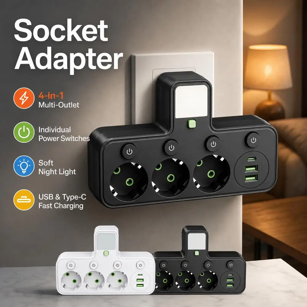 EU Plug Wall Socket with 4 AC Outlets 2 USB 1 Type-C Port On/Off Switch Charger Electrical Switch For Home Power Strip Socket