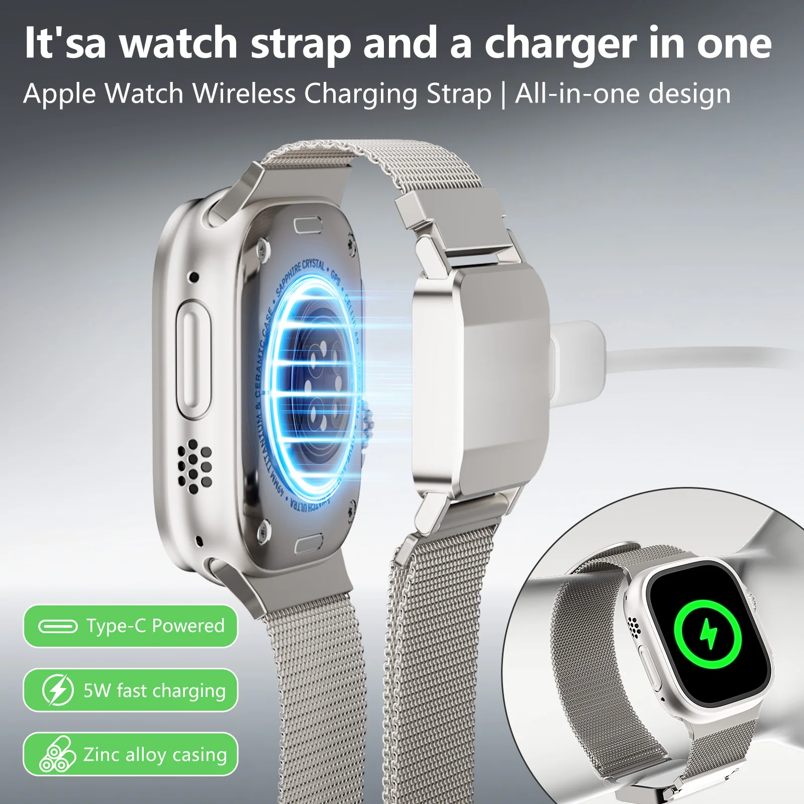 For Apple Watch Series/Ultra/SE Full Series 2in1 Aluminum Alloy Band with Magnetic Wireless Charger IP68 Waterproof
