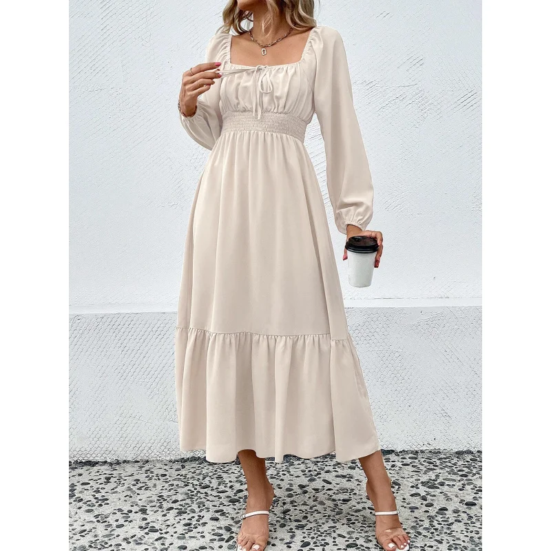 YQ1-المرأة الخريف الشتاء جديد الخصر مقصوص تنحنح كبير كم طويل ساحة الرقبة أنيقة ركاب فستان طويل