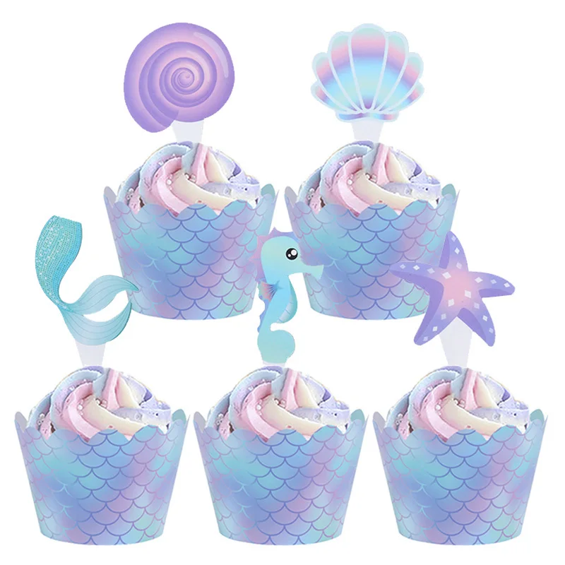 Mermaid Party Cupcake Toppers Under the Sea Theme Birthday Party Wedding Decor Ocean Cupcake Wrappers Girls Baby Shower Supplies