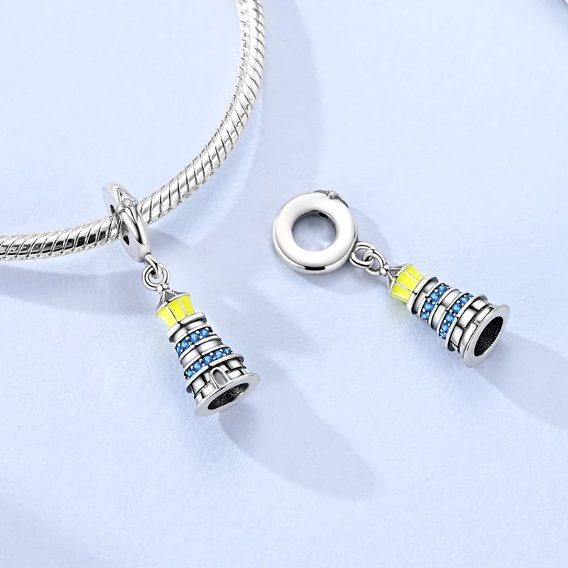 925 Sterling Silver Charms Bead CZ Zircon Luminous Lighthouse Dangle Fit Original Bracelet DIY Women Jewelry Gift